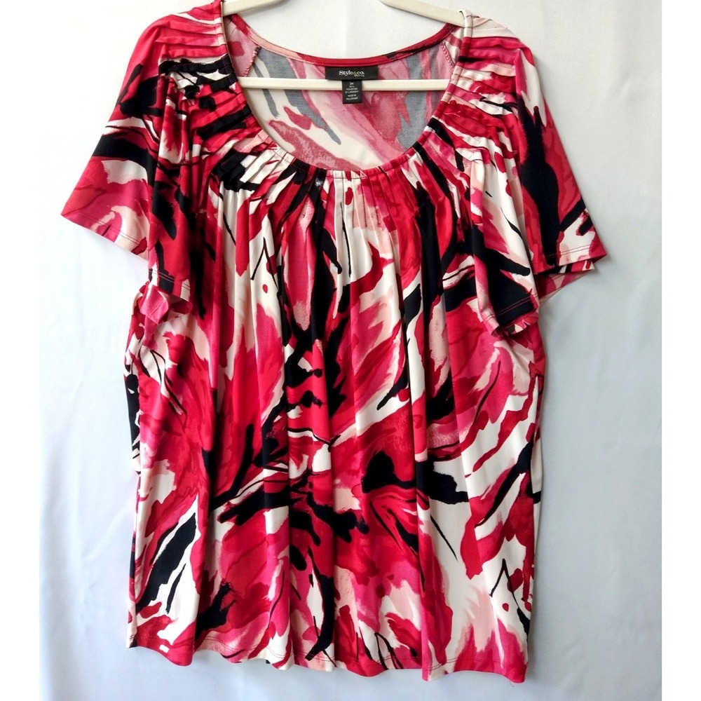 Style & Co Red Pink Black Abstract Top Artsy Casual Indie Travel Romantic 3x 2x